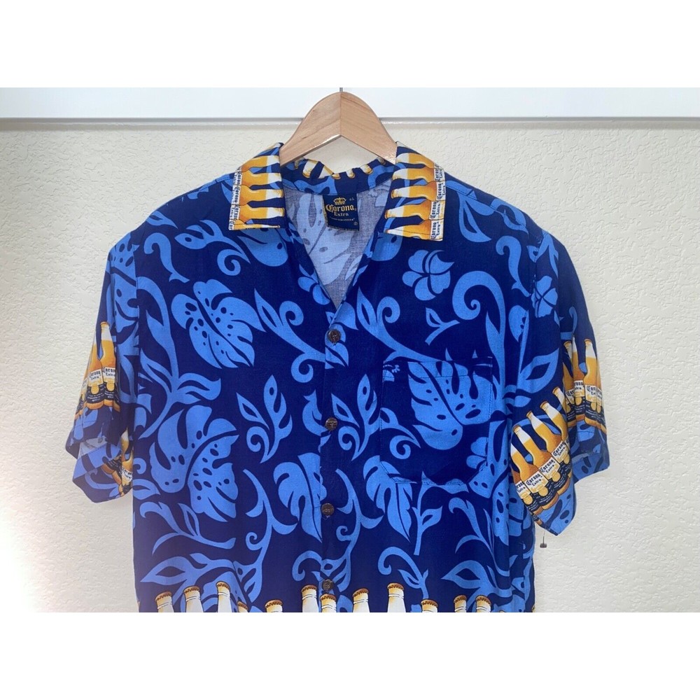 Corona Extra Hawaiian Shirt Men's L Blue Short Sleeve Hawaiian Camp Print - Picture 2 of 6